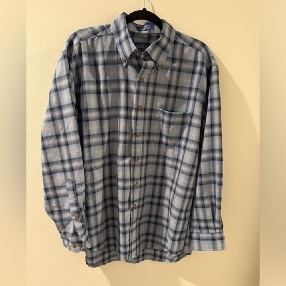 Sir Pendleton Mens Large Blue Gray Plaid 100% Worsted Wool Flannel Button Shirt